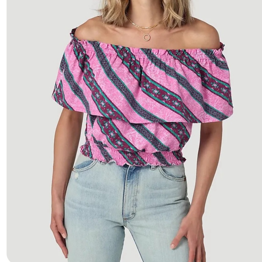 wrangler Retro® candy stripe off-the-shoulder top
